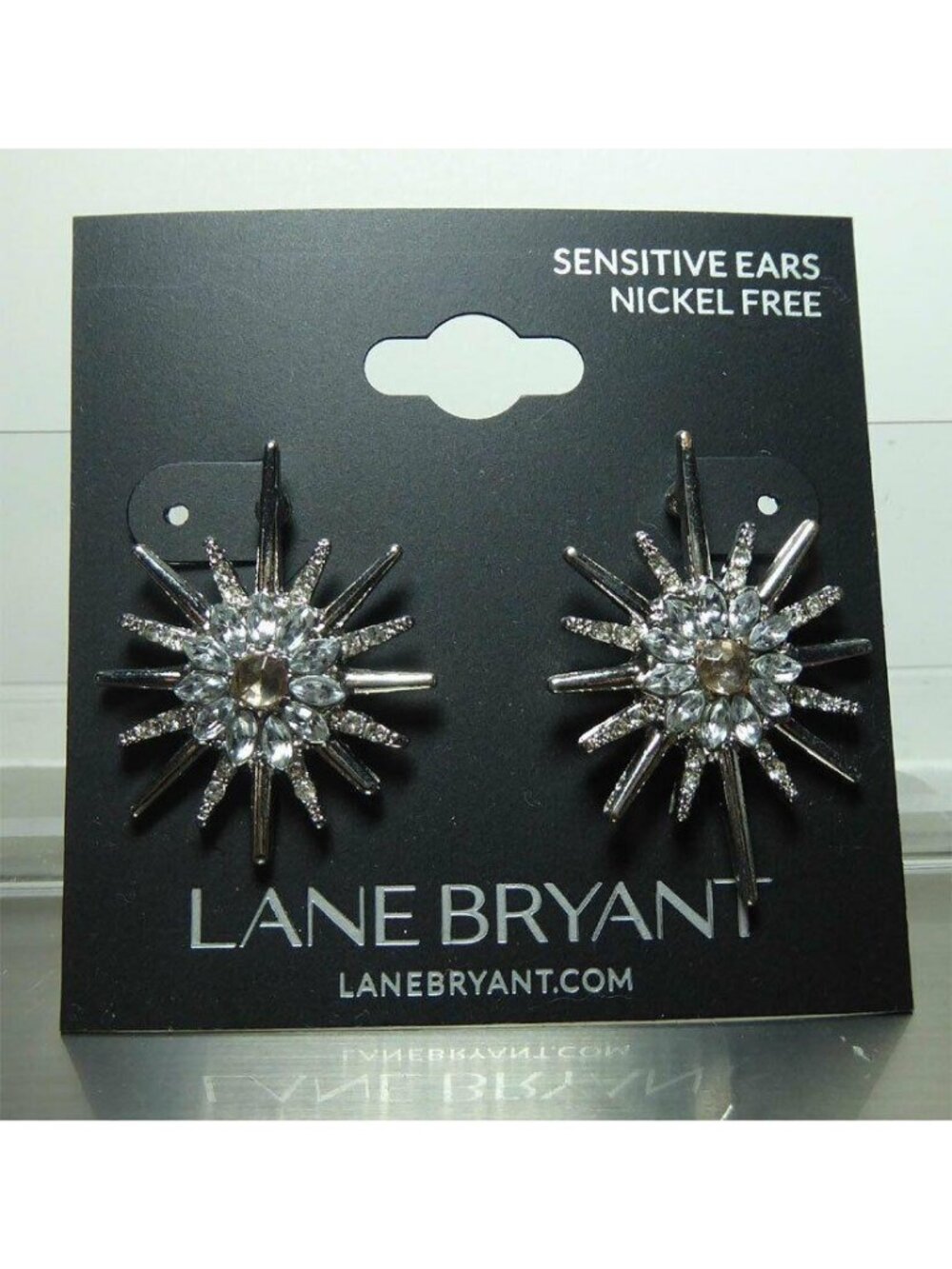 NWT Lane Bryant Silver Tone Crystal Starburst Earrings Nickel Free 1.5"